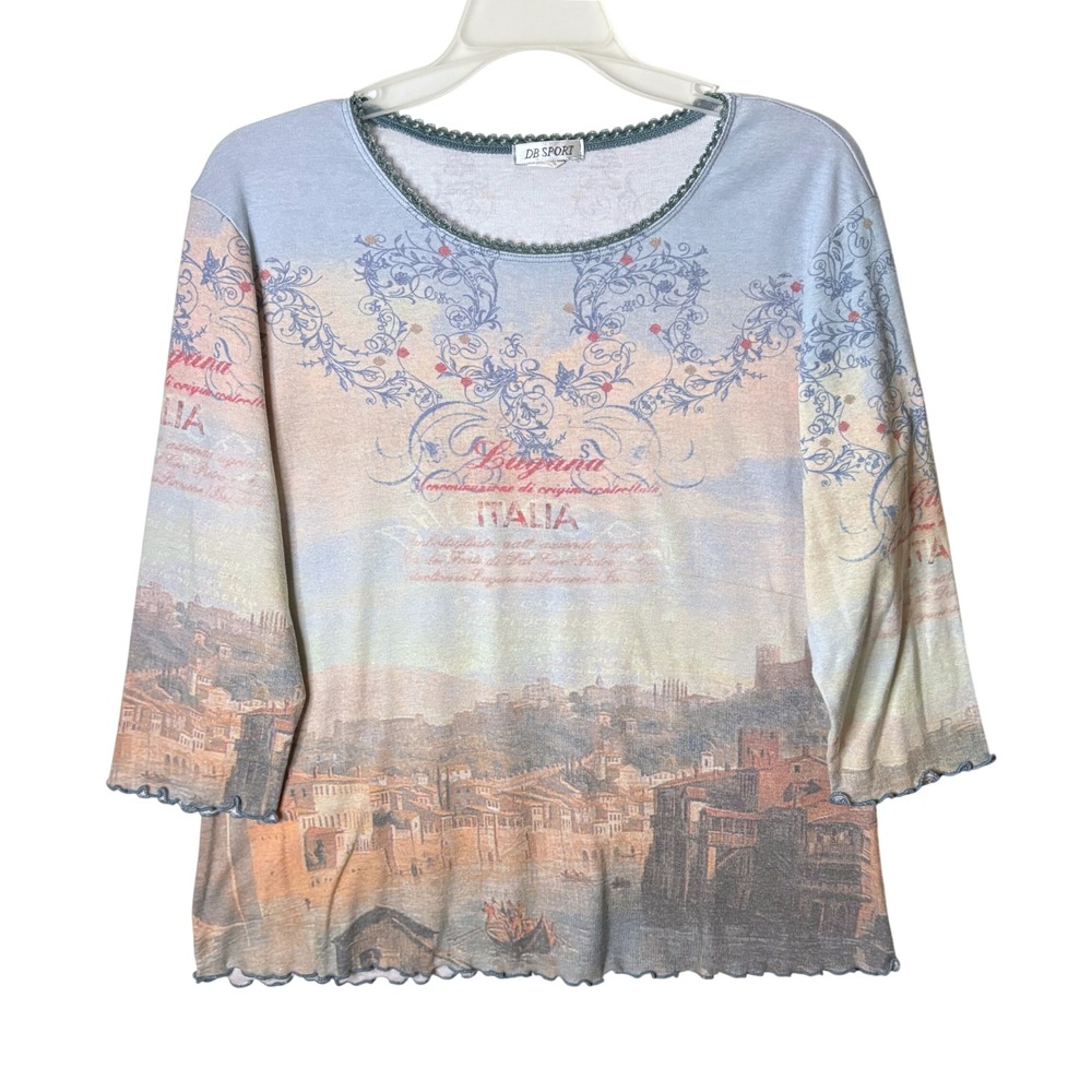 Vintage Euro DB Sport Italia Scenic Print Top Womens L Blue Romantic Y2K Cottage